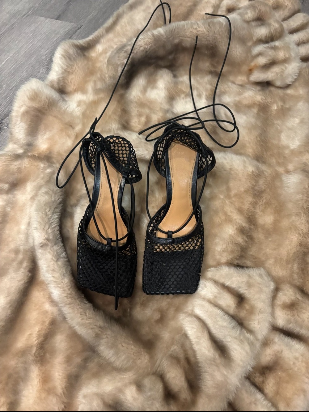 Black Mesh Lace-Up Women’s Heeled Sandals